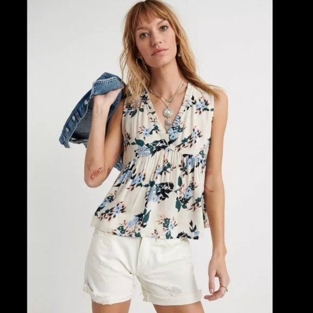 Lucky Brand Floral Sleeveless V Neck Romantic Ruffle Top Size M #0724